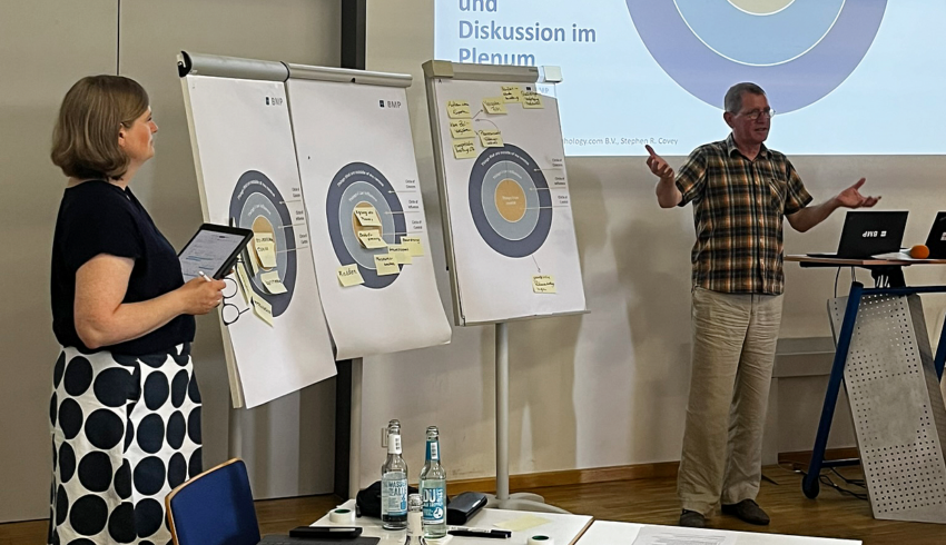 Zwei Vortragende beim BMP Workshop für die KNNB, mit Flipcharts und Notizen.
