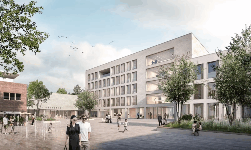 Visualisierung des Rathausplatzes Eschborn mit Stadthalle, Bibliothek und Rathaus.