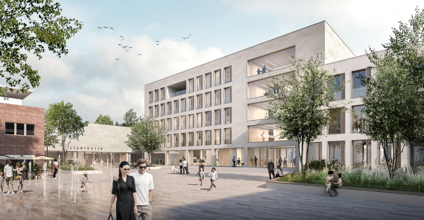 Visualisierung des Rathausplatzes Eschborn mit Stadthalle, Bibliothek und Rathaus.