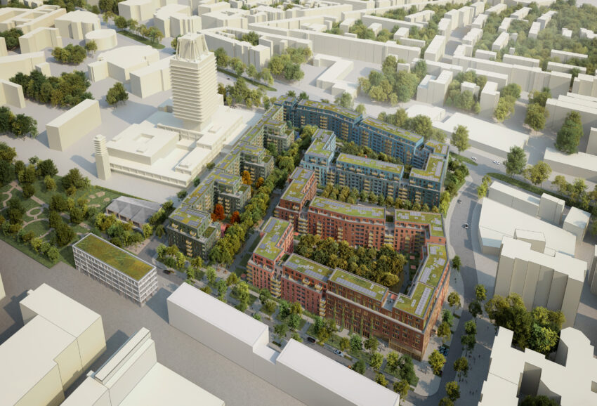 Visualisierung des Wohnquartiers Die Welle Köln mit begrünten Innenhöfen.